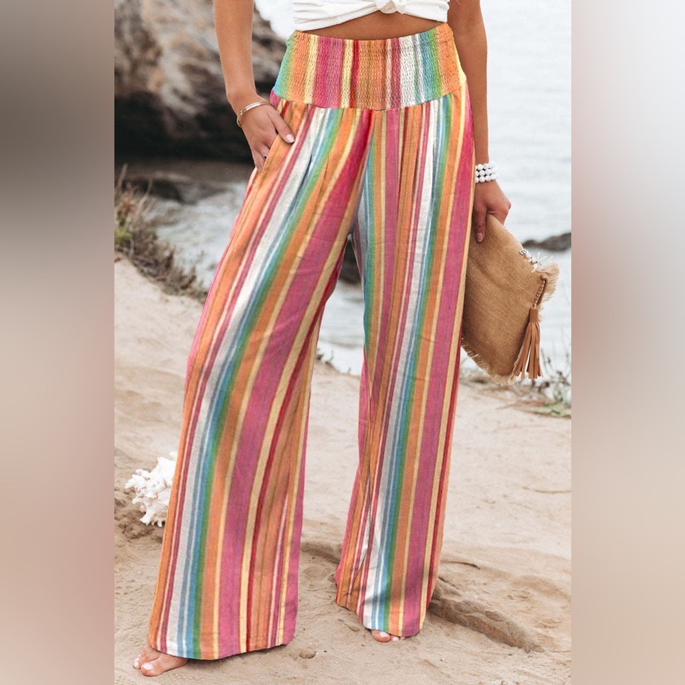 Multicolor‎ Striped Smocked High Waist Wide Leg Pants
